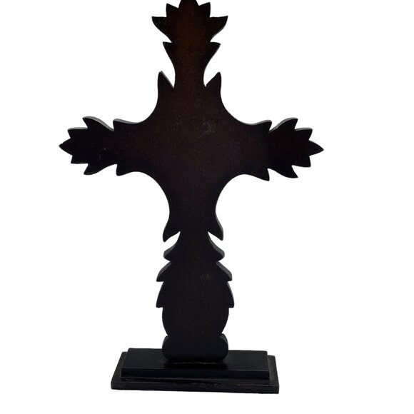 Pier 1 Imports Wood Carved Cross India Made Stands 13.5" x 6" Dark Brown - Picture 4 of 7